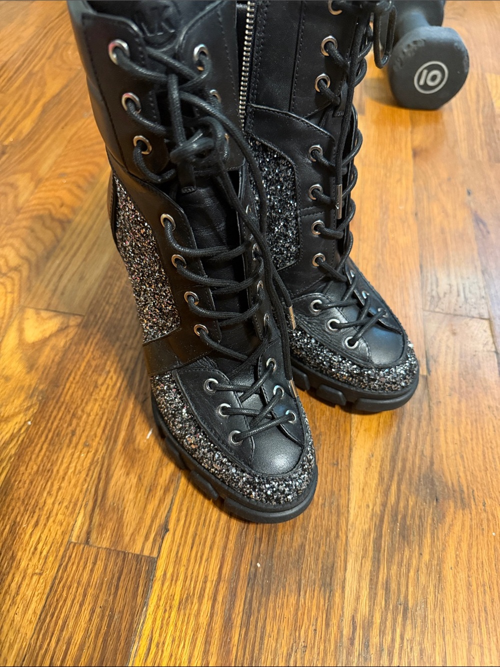 Michael Kors Black Glitter Lace-Up Combat Boots with Side Zipper - Picture 4 of 4